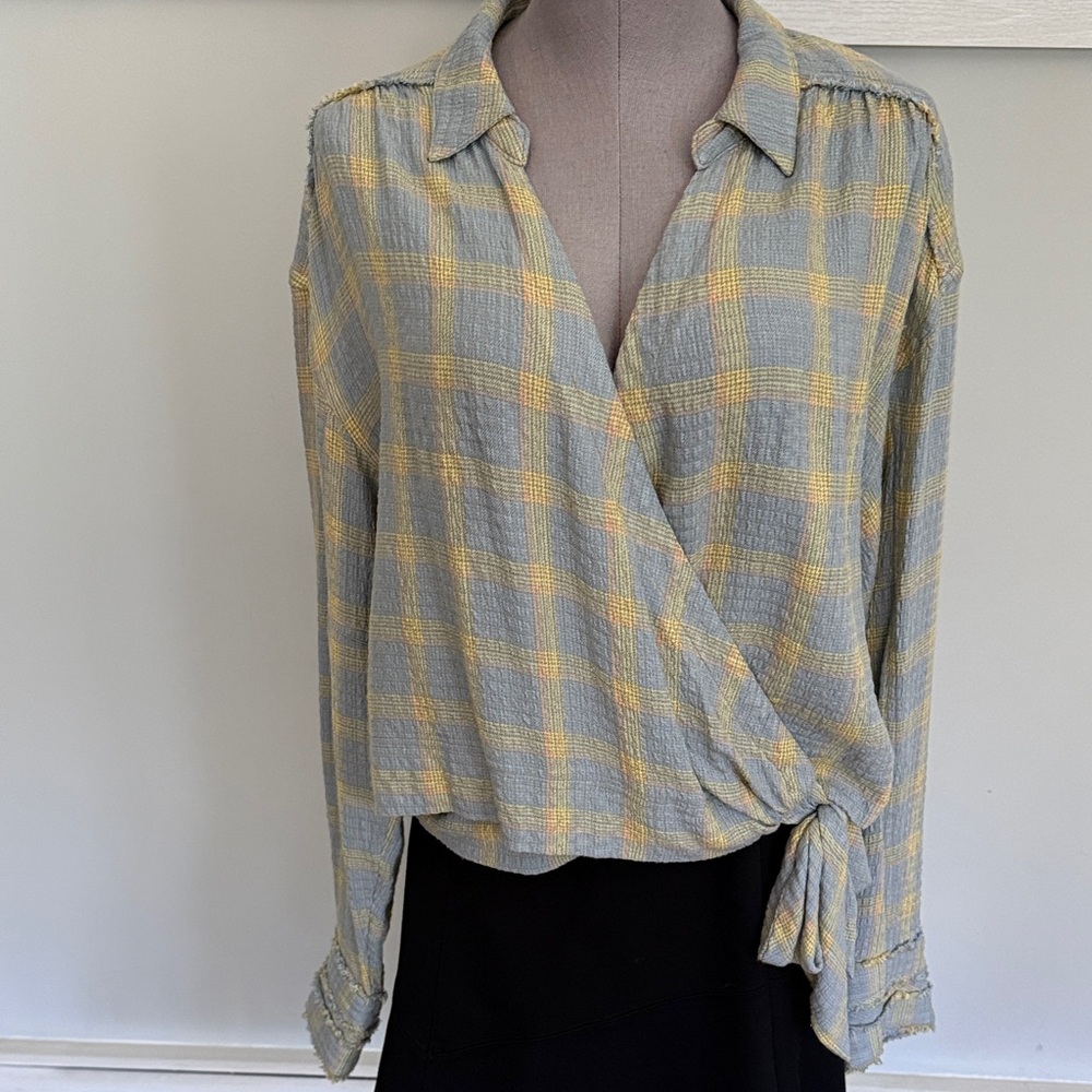 We The Free light Blue and Yellow Plaid Wrap Blouse